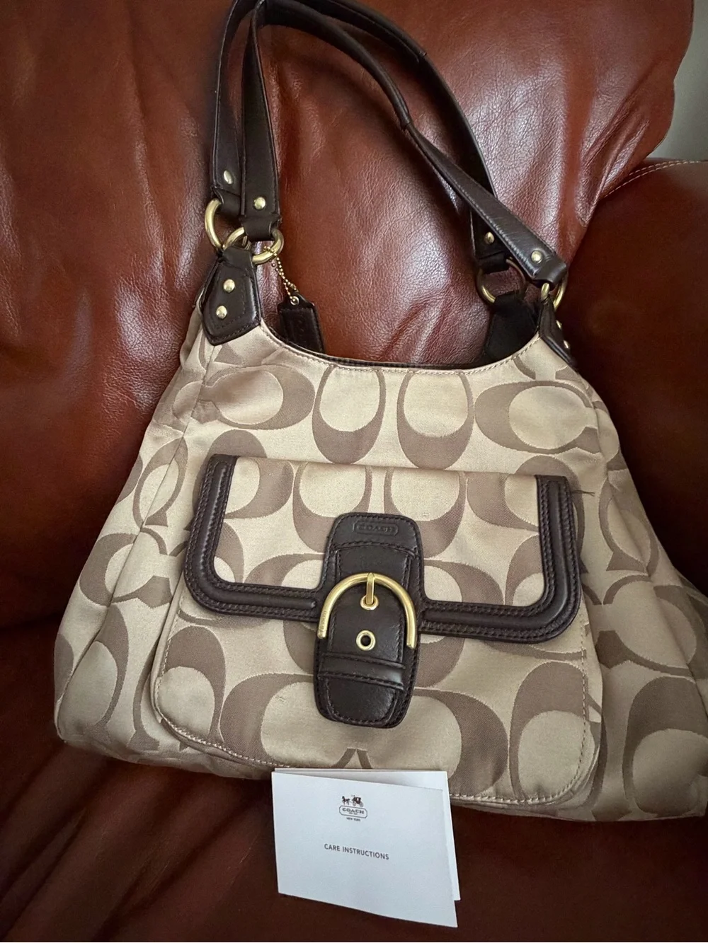 Coach Signature Jacquard Shoulder Bag with Brown Leather Trim